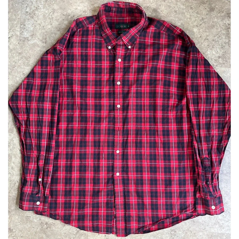 J. Crew Oarsmen Mens XL Red Blue Plaid Cotton Button Down Long Sleeve Shirt